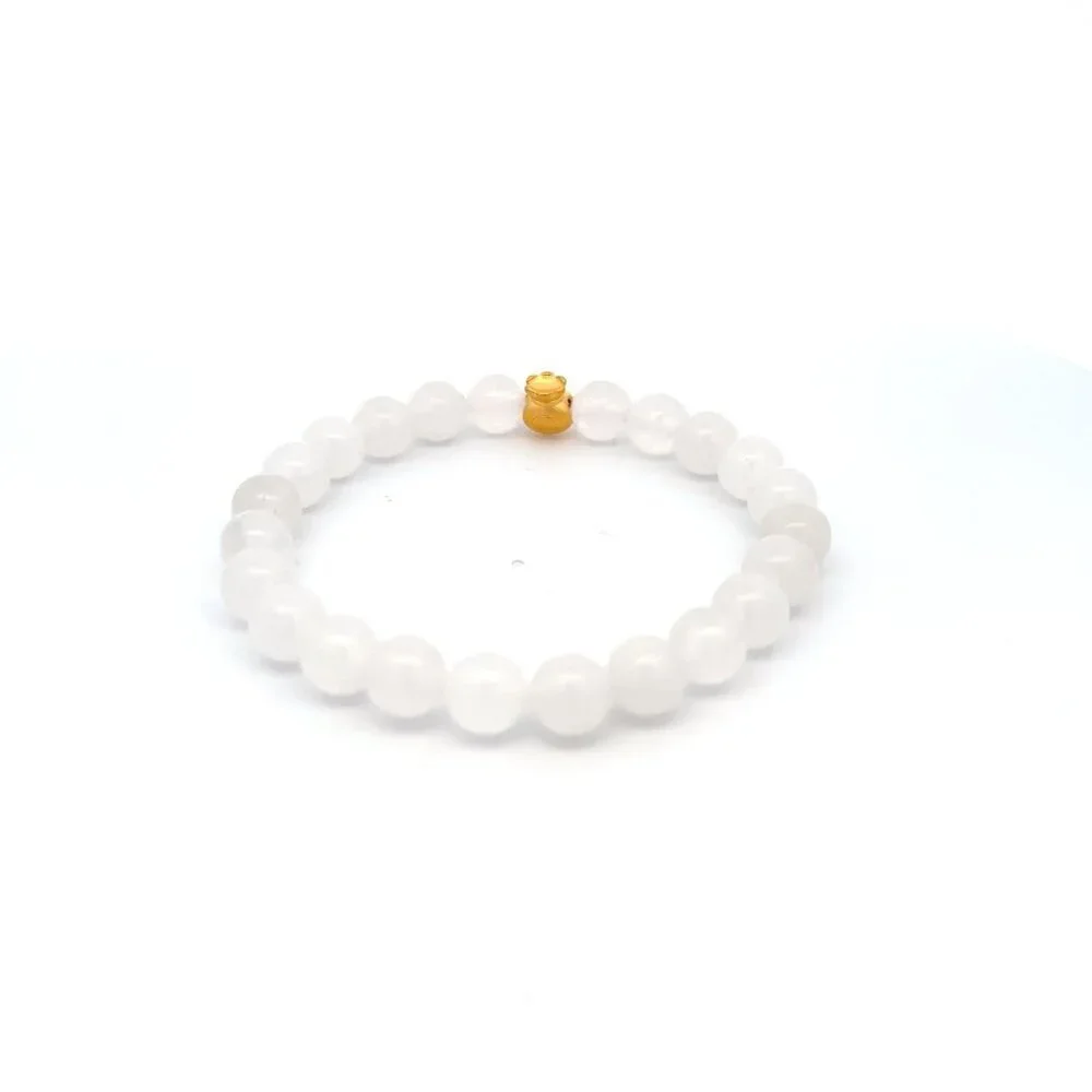 24K Gold Money Bag Lucky Charm Bracelet Gemstone Natural White Jade 8mm Size 7" - Picture 2 of 5